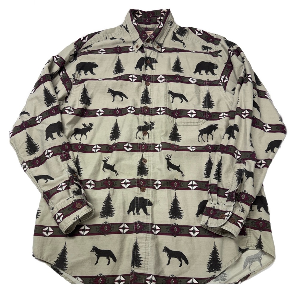 Vintage Woolrich Mens Large Heavy Flannel Shirt Deer Wolf Wildlife Button Up